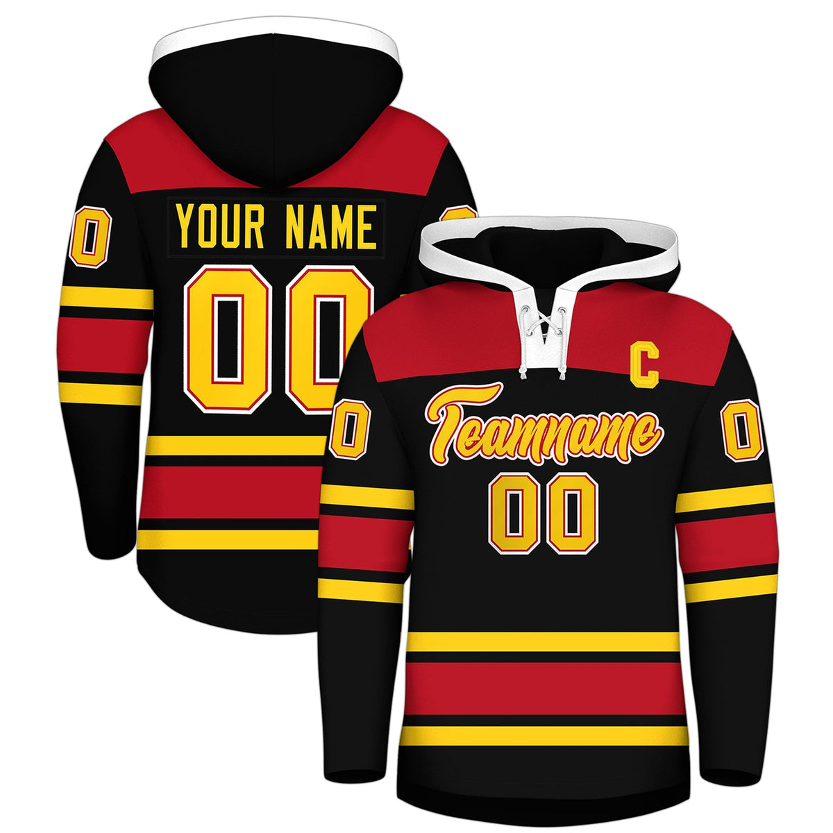 Custom Hockey Hoodie Jersey Black Red Raglan Sleeves Lace-Up Neck Personal Name &amp; Number &amp; Logo