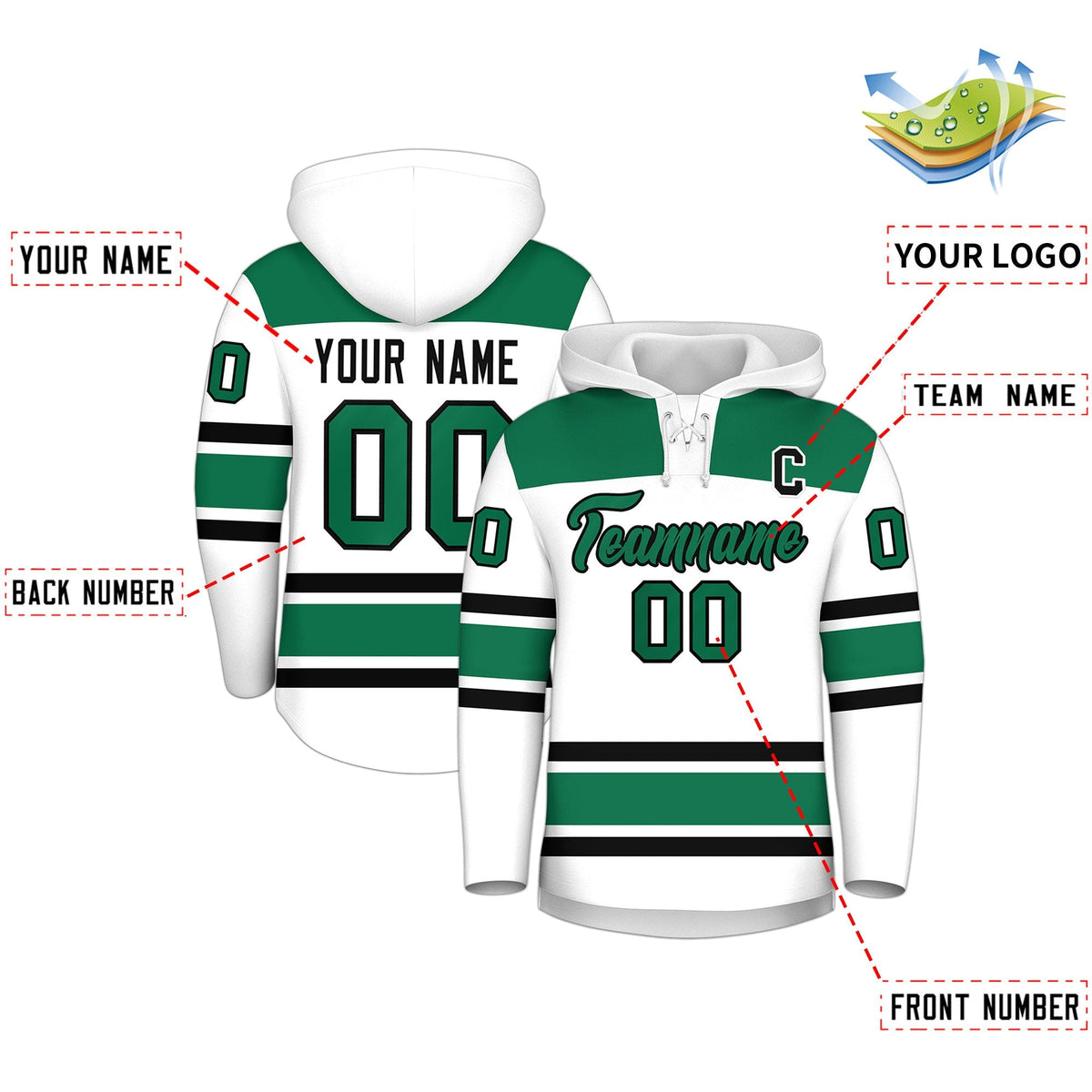 Custom Hockey Hoodie Jersey White Kelly Green Raglan Sleeves Lace-Up Neck Personalized Jersey for Men &amp; Youth