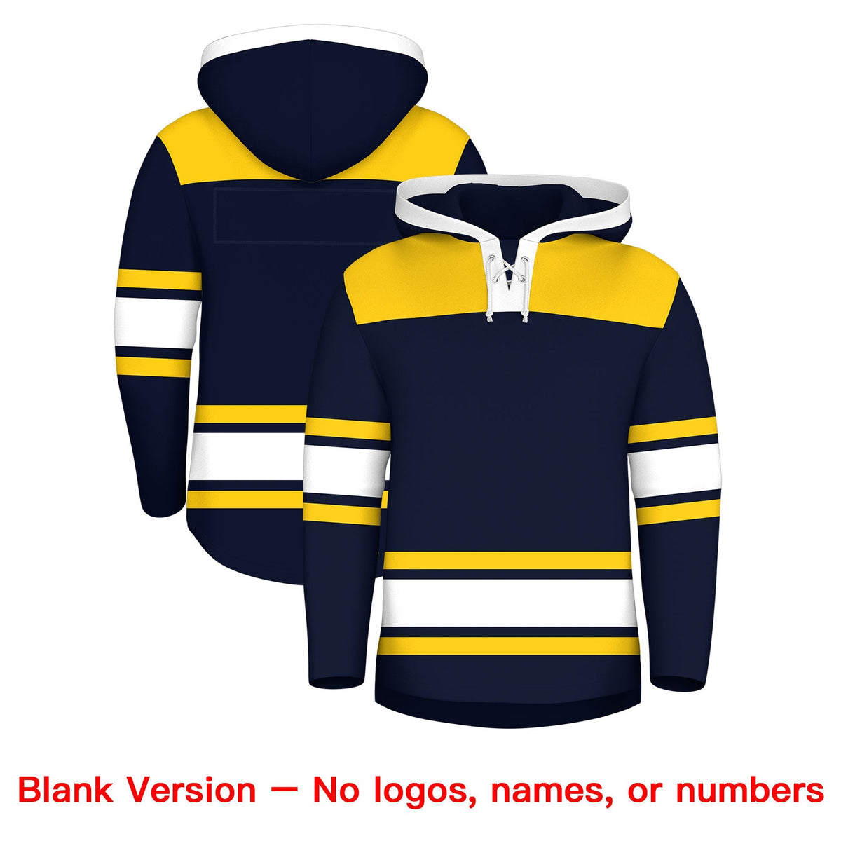 Custom Hockey Hoodie Jersey Navy Gold Raglan Sleeves Lace-Up Neck Personal Name &amp; Number &amp; Logo