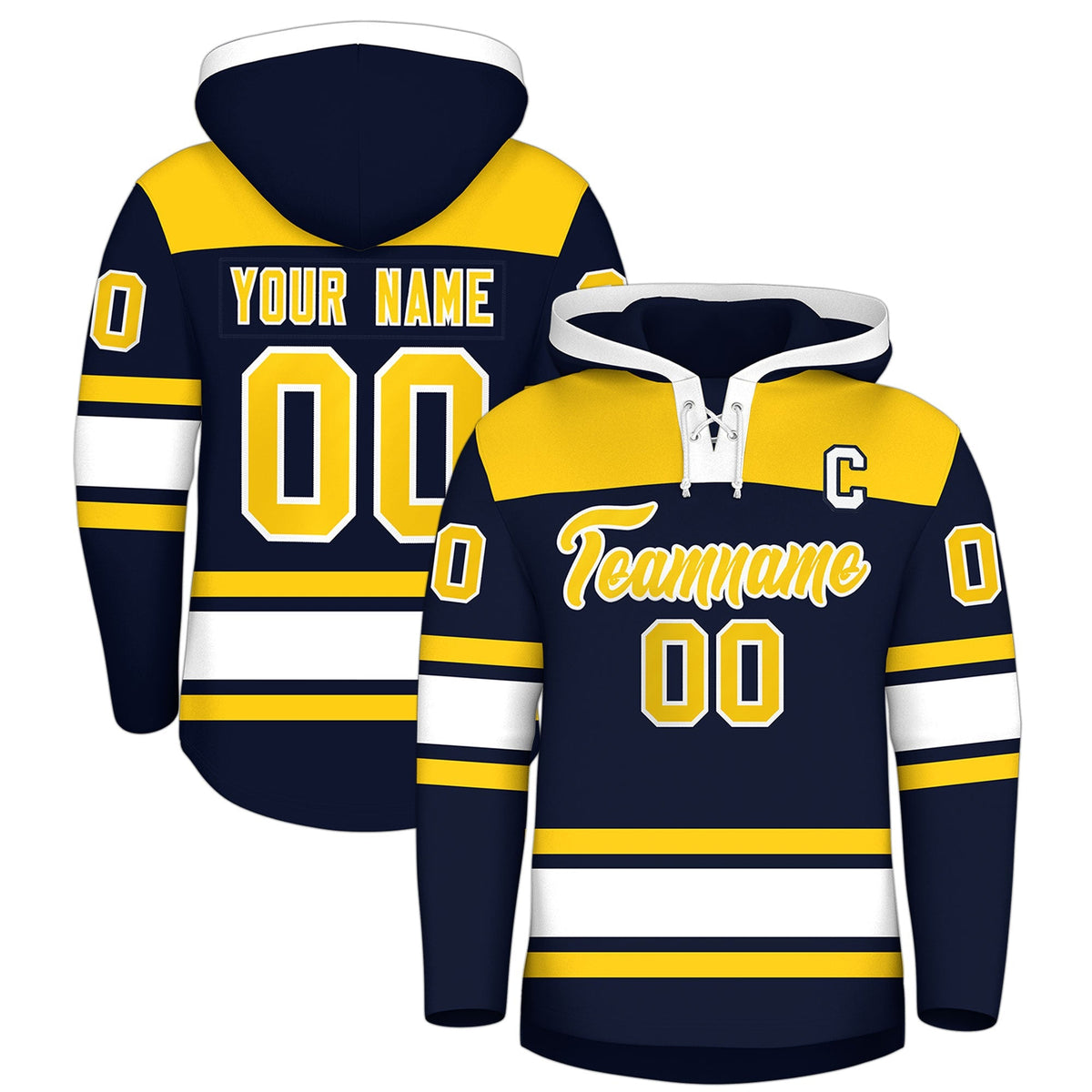 Custom Hockey Hoodie Jersey Navy Gold Raglan Sleeves Lace-Up Neck Personal Name &amp; Number &amp; Logo