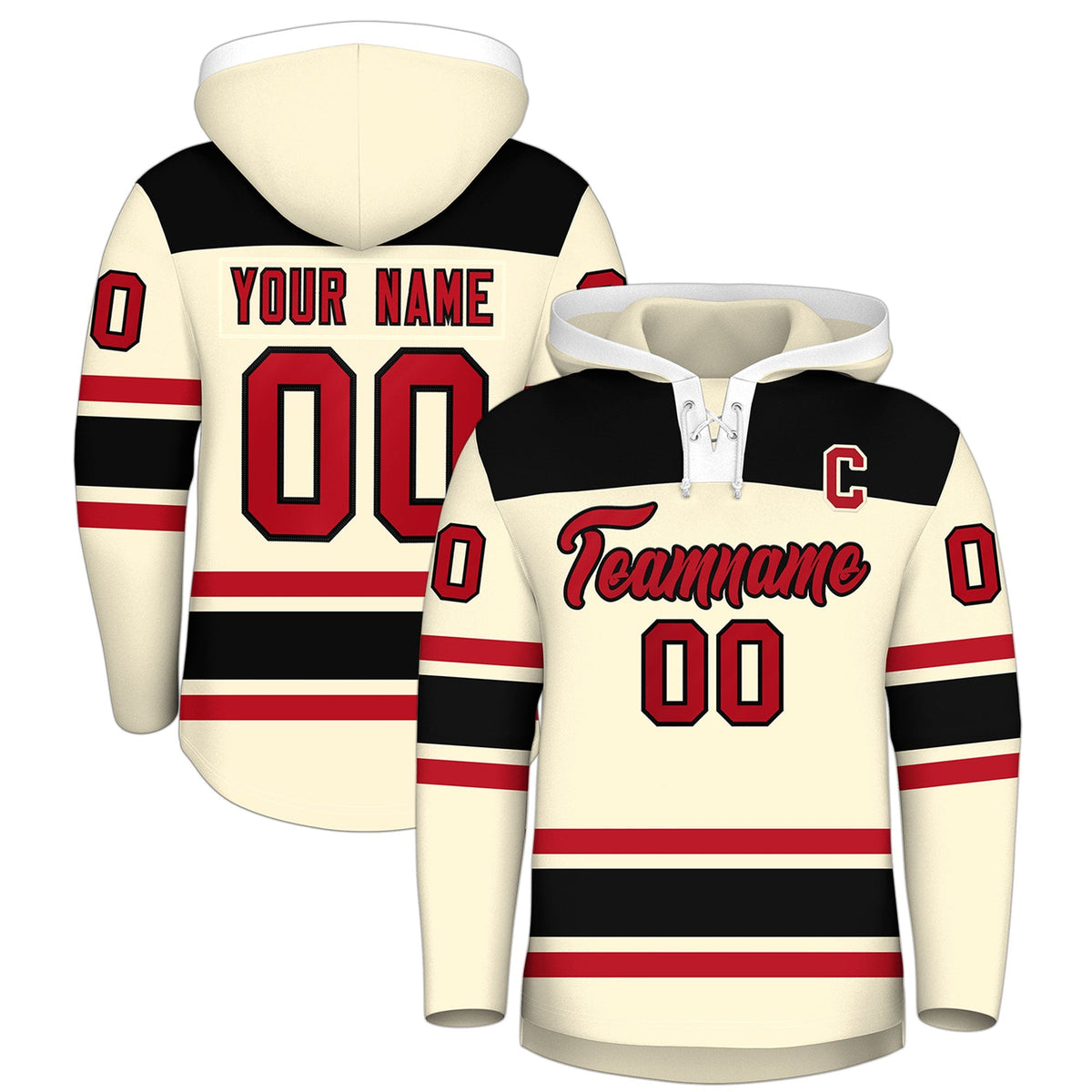 Custom Hockey Hoodie Jersey Cream Black Raglan Sleeves Lace-Up Neck Personal Name &amp; Number &amp; Logo