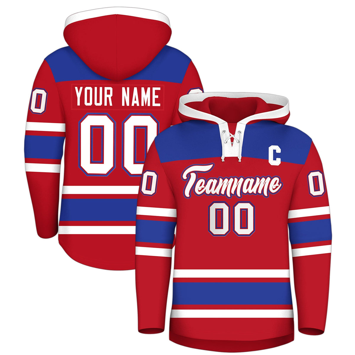 Custom Hockey Hoodie Jersey Red Royal Blue Raglan Sleeves Lace-Up Neck Personalized Jersey for Men &amp; Youth
