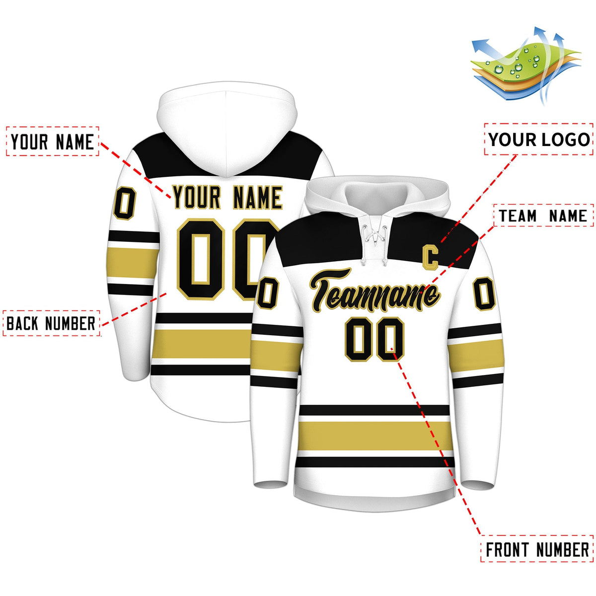 Custom Hockey Hoodie Jersey White Old Gold Raglan Sleeves Lace-Up Neck Classic Team Colors Hoodie
