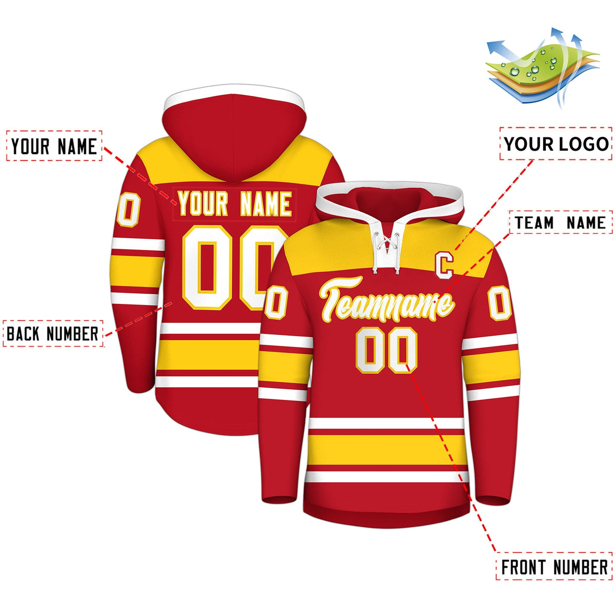 Custom Hockey Hoodie Jersey Red Gold Raglan Sleeves Lace-Up Neck Personalized Jersey for Men &amp; Youth