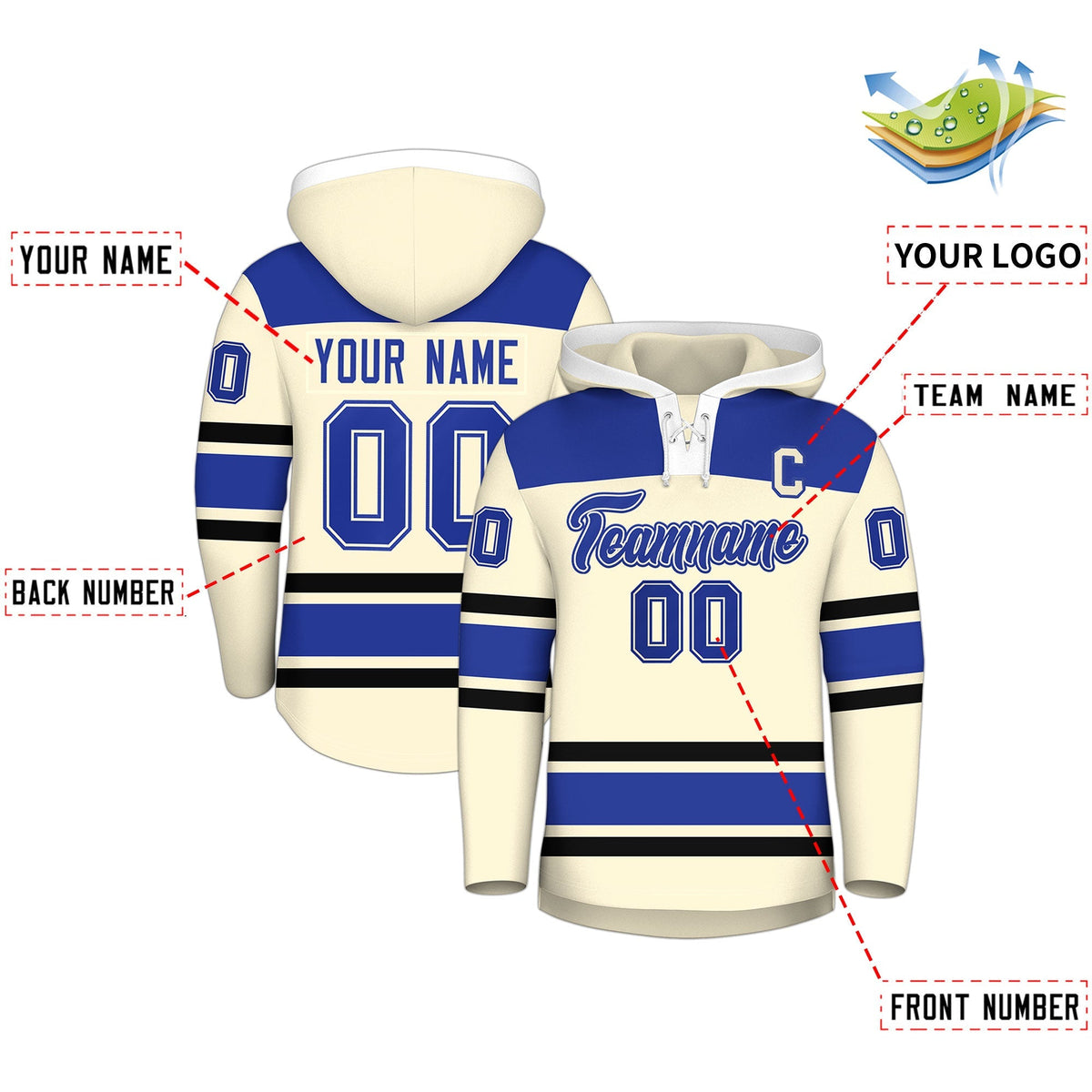 Custom Hockey Hoodie Jersey Cream Royal Blue Raglan Sleeves Lace-Up Neck Personal Name &amp; Number &amp; Logo