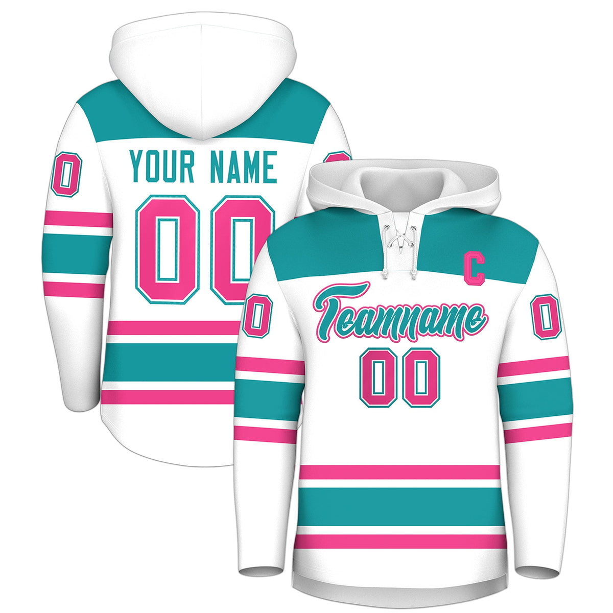 Custom Hockey Hoodie Jersey White Aqua Raglan Sleeves Lace-Up Neck Personal Name &amp; Number &amp; Logo