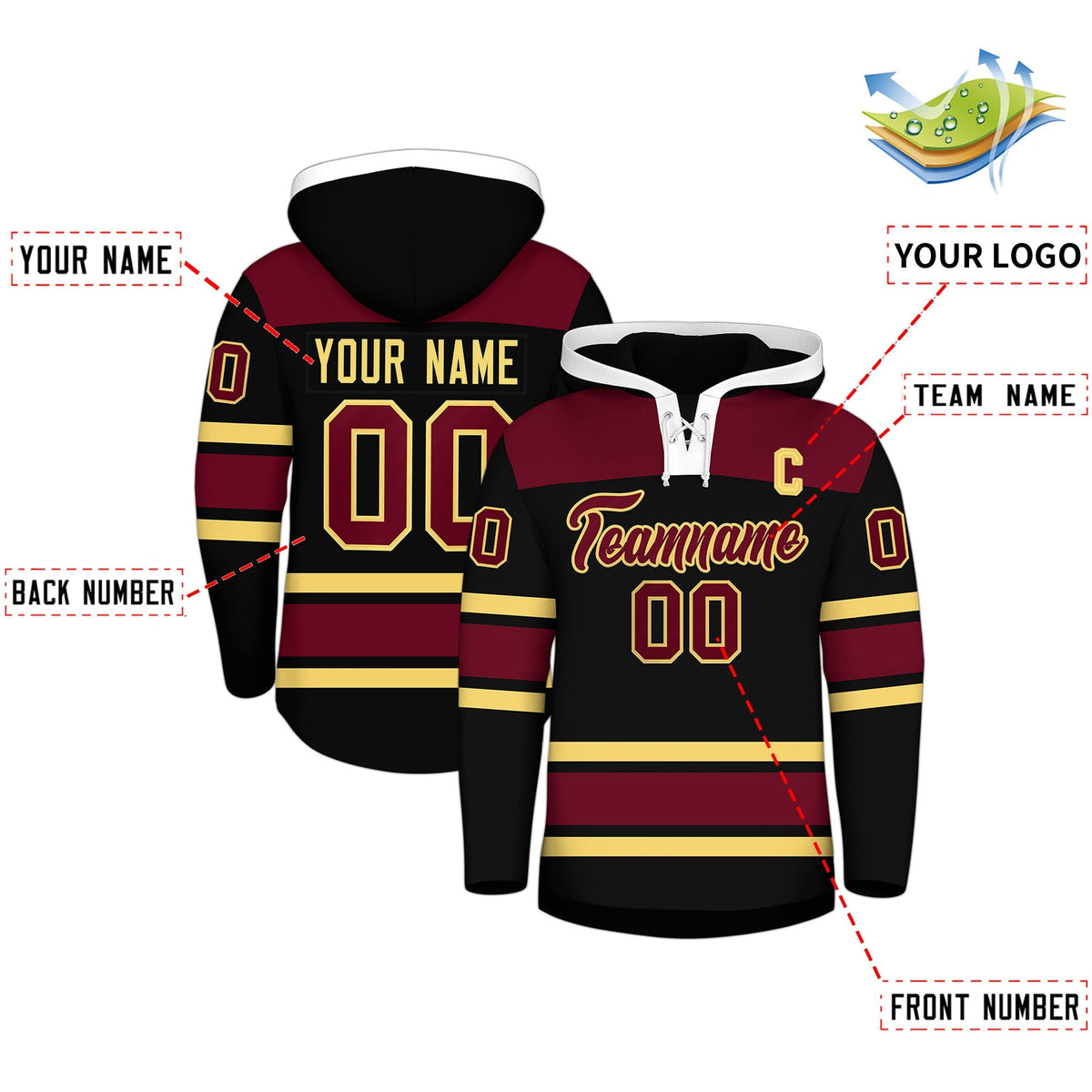 Custom Hockey Hoodie Jersey Black Crimson Raglan Sleeves Lace-Up Neck Personalized Jersey for Men &amp; Youth