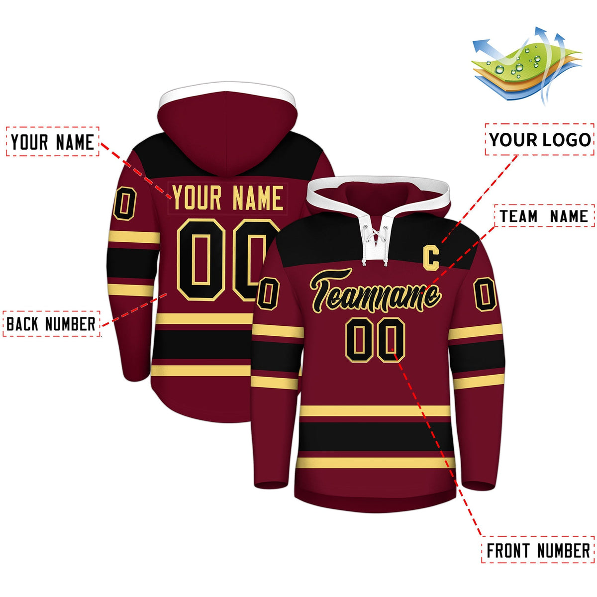 Custom Hockey Hoodie Jersey Crimson Black Raglan Sleeves Lace-Up Neck Personal Name &amp; Number &amp; Logo