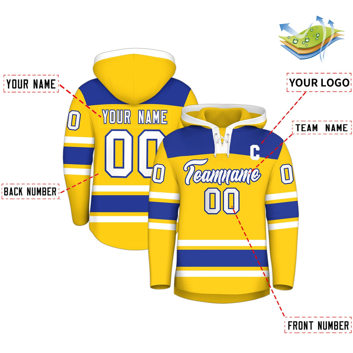 Custom Hockey Hoodie Jersey Gold Royal Blue Raglan Sleeves Lace-Up Neck Personalized Jersey for Men &amp; Youth