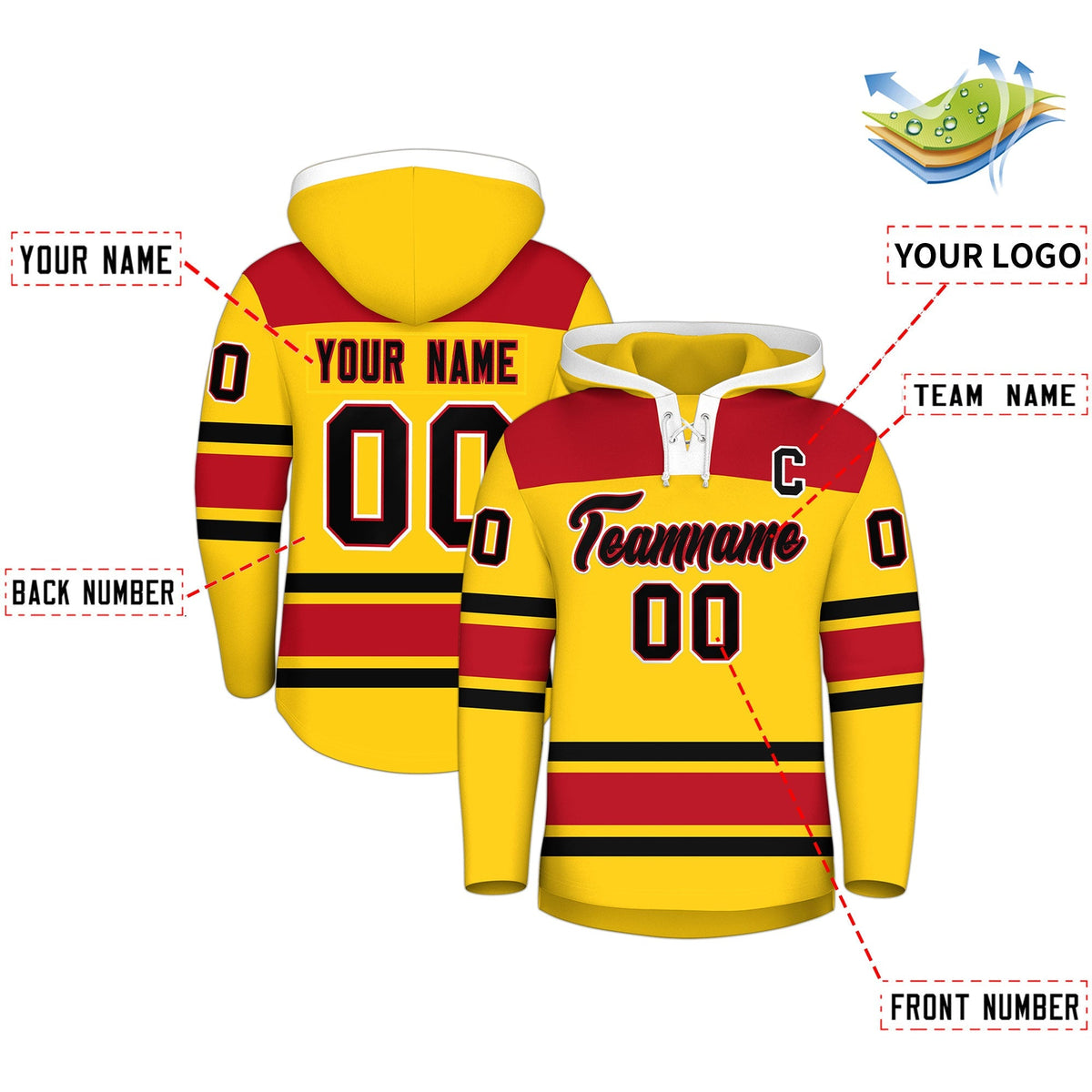 Custom Hockey Hoodie Jersey Gold Red Raglan Sleeves Lace-Up Neck Personal Name &amp; Number &amp; Logo