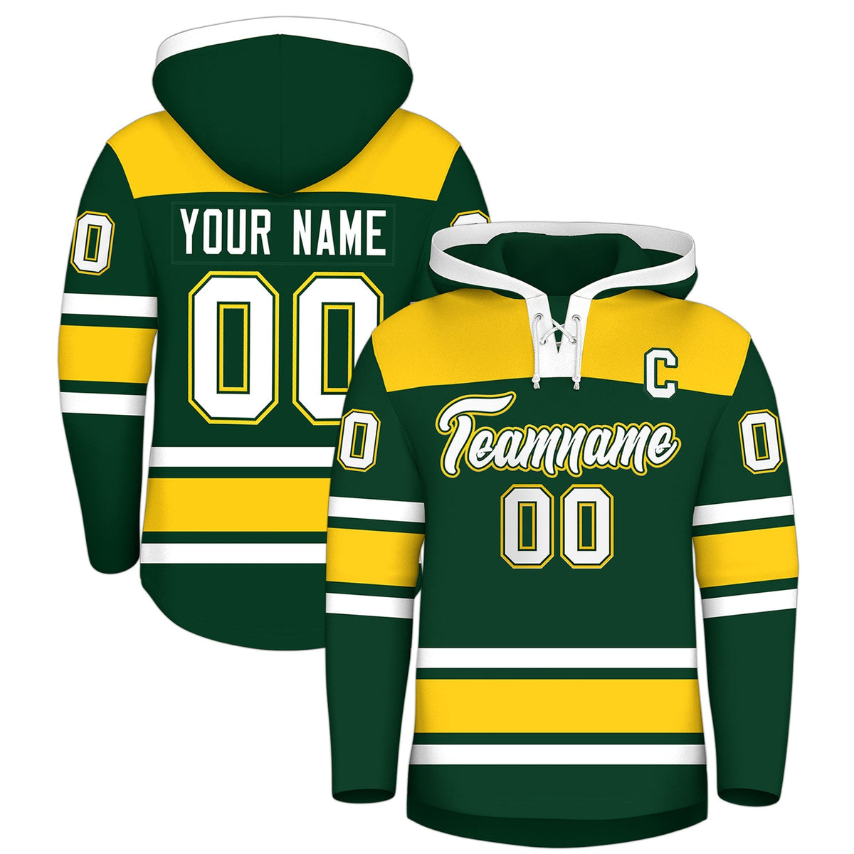 Custom Hockey Hoodie Jersey Green Gold Raglan Sleeves Lace-Up Neck Classic Team Colors Hoodie