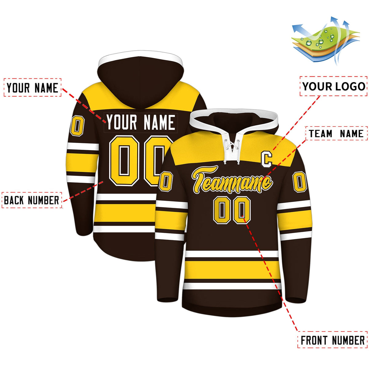 Custom Hockey Hoodie Jersey Brown Gold Raglan Sleeves Lace-Up Neck Personalized Jersey for Men &amp; Youth