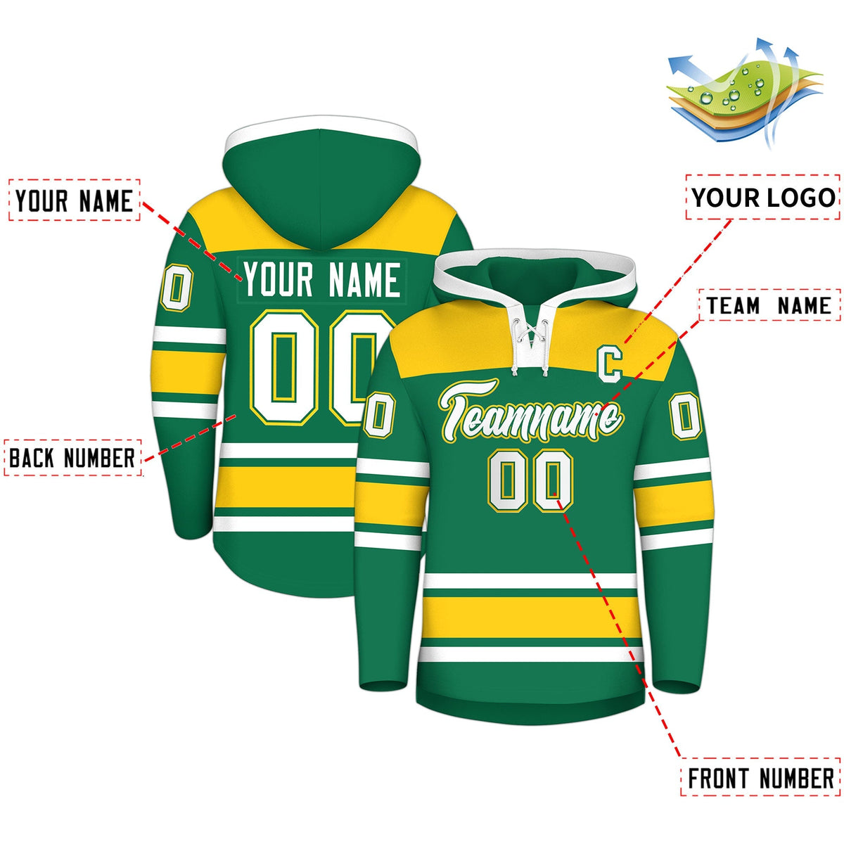 Custom Hockey Hoodie Jersey Kelly Green Gold Raglan Sleeves Lace-Up Neck Personalized Jersey for Men &amp; Youth