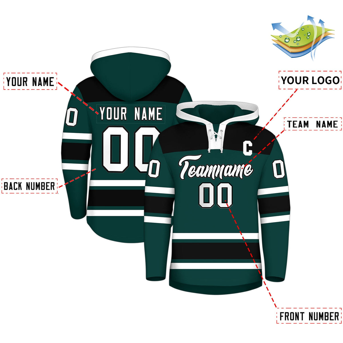 Custom Hockey Hoodie Jersey Midnight Green Black Raglan Sleeves Lace-Up Neck Personal Name &amp; Number &amp; Logo