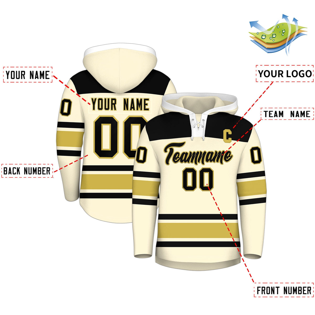 Custom Hockey Hoodie Jersey Cream Old Gold Raglan Sleeves Lace-Up Neck Personal Name &amp; Number &amp; Logo