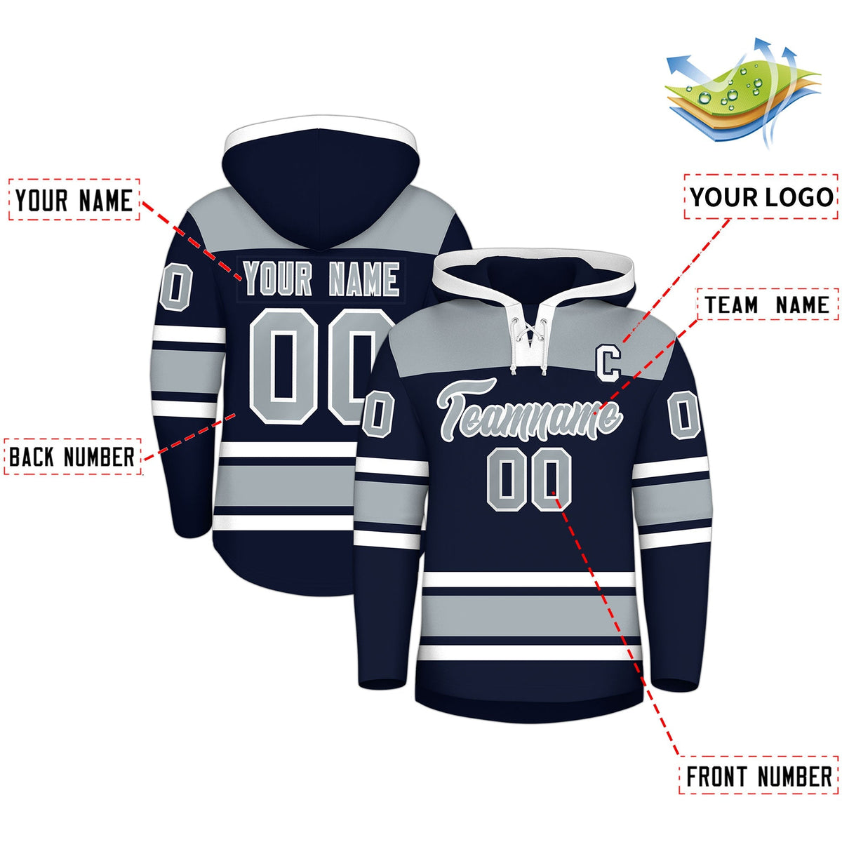 Custom Hockey Hoodie Jersey Navy Silver Raglan Sleeves Lace-Up Neck Personalized Jersey for Men & Youth