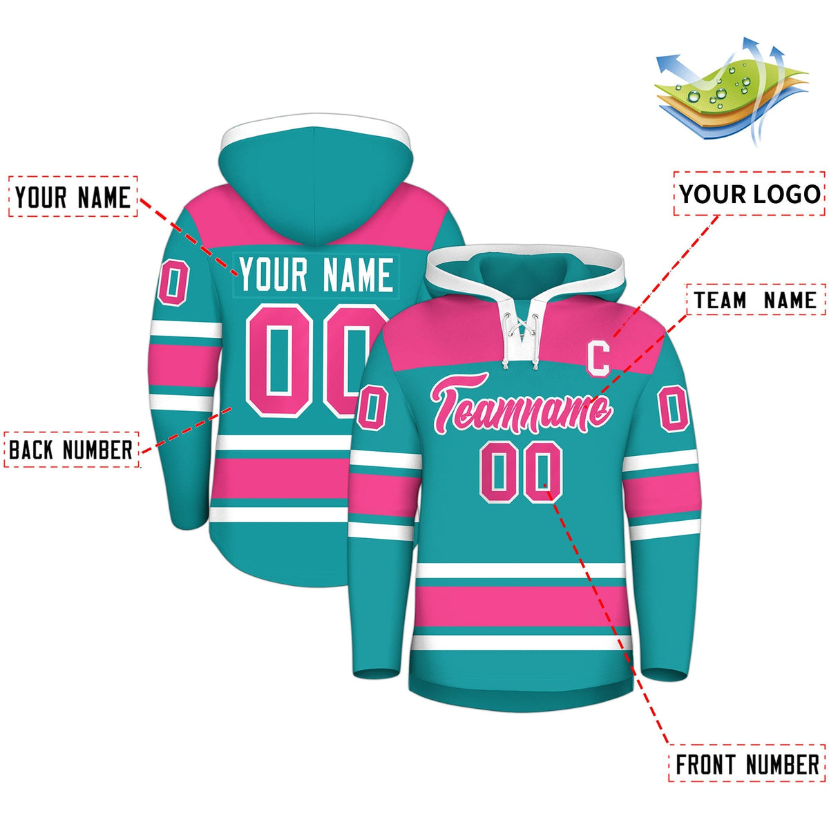 Custom Hockey Hoodie Jersey Aqua Pink Raglan Sleeves Lace-Up Neck Classic Team Colors Hoodie