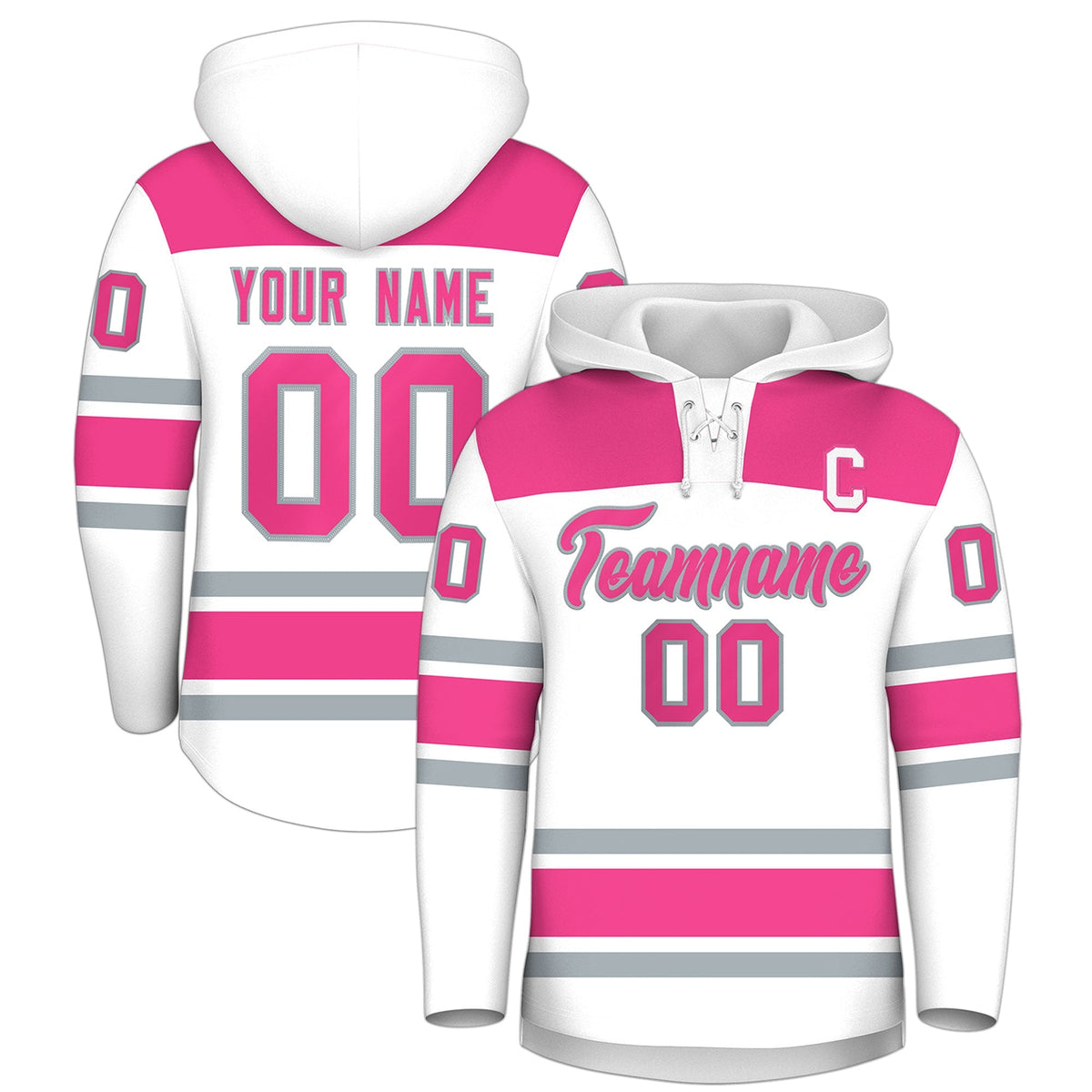 Custom Hockey Hoodie Jersey White Pink Raglan Sleeves Lace-Up Neck Personal Name &amp; Number &amp; Logo