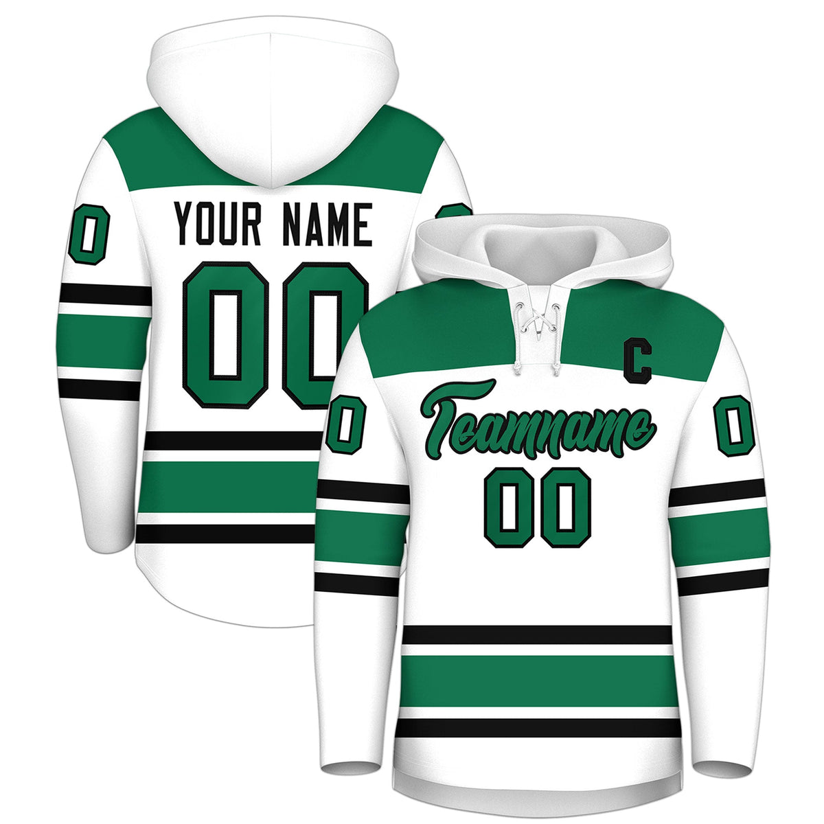 Custom Hockey Hoodie Jersey White Kelly Green Raglan Sleeves Lace-Up Neck Classic Team Colors Hoodie