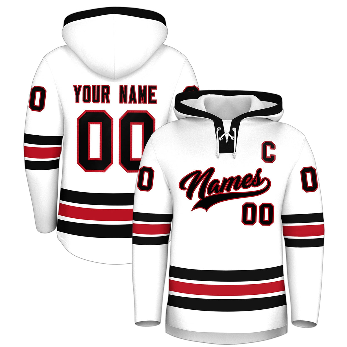 Custom Hockey Hoodie Jersey White Black Classic Style Add Name,Number&amp;Logo