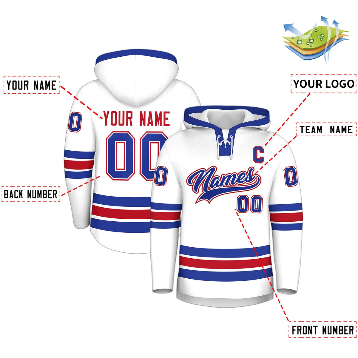 Custom Hockey Hoodie Jersey White Royal Blue Classic Style for Men&amp;Youth
