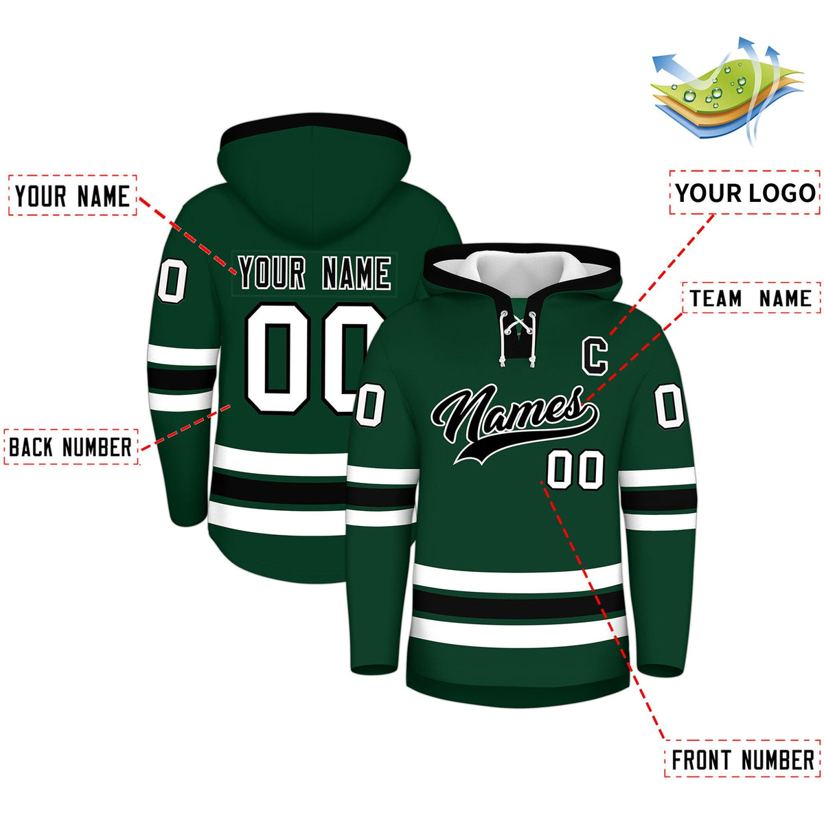 Custom Hockey Hoodie Jersey Dark Green Black Classic Style for Men&amp;Youth