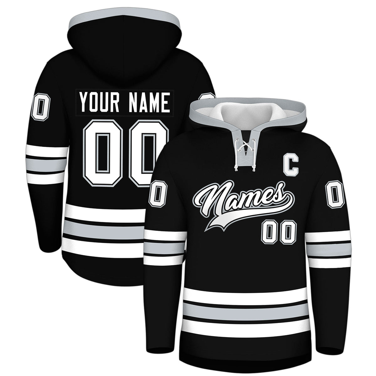 Custom Hockey Hoodie Jersey Black Silver Classic Style for Men&amp;Youth
