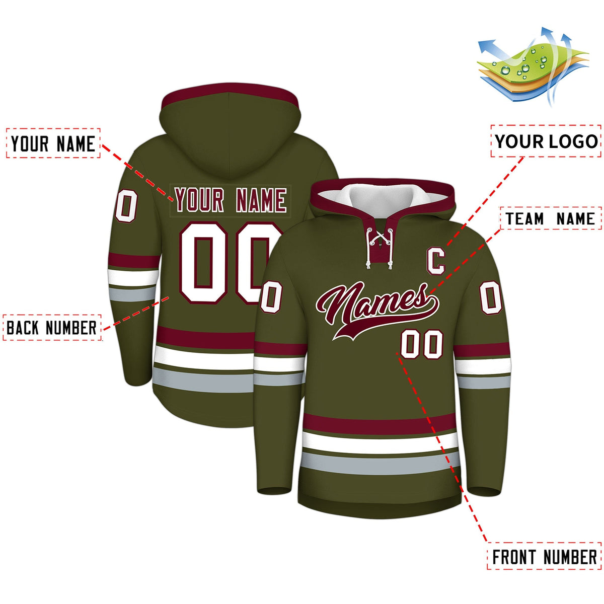 Custom Hockey Hoodie Jersey Olive Crimson Classic Style Add Name,Number&amp;Logo