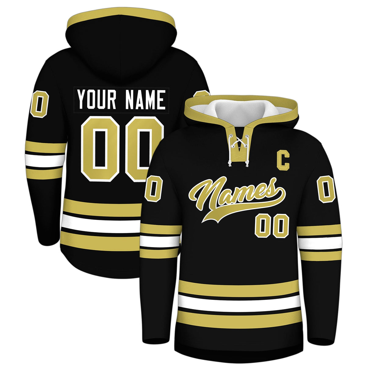 Custom Hockey Hoodie Jersey Black Old Gold Classic Style for Men&amp;Youth