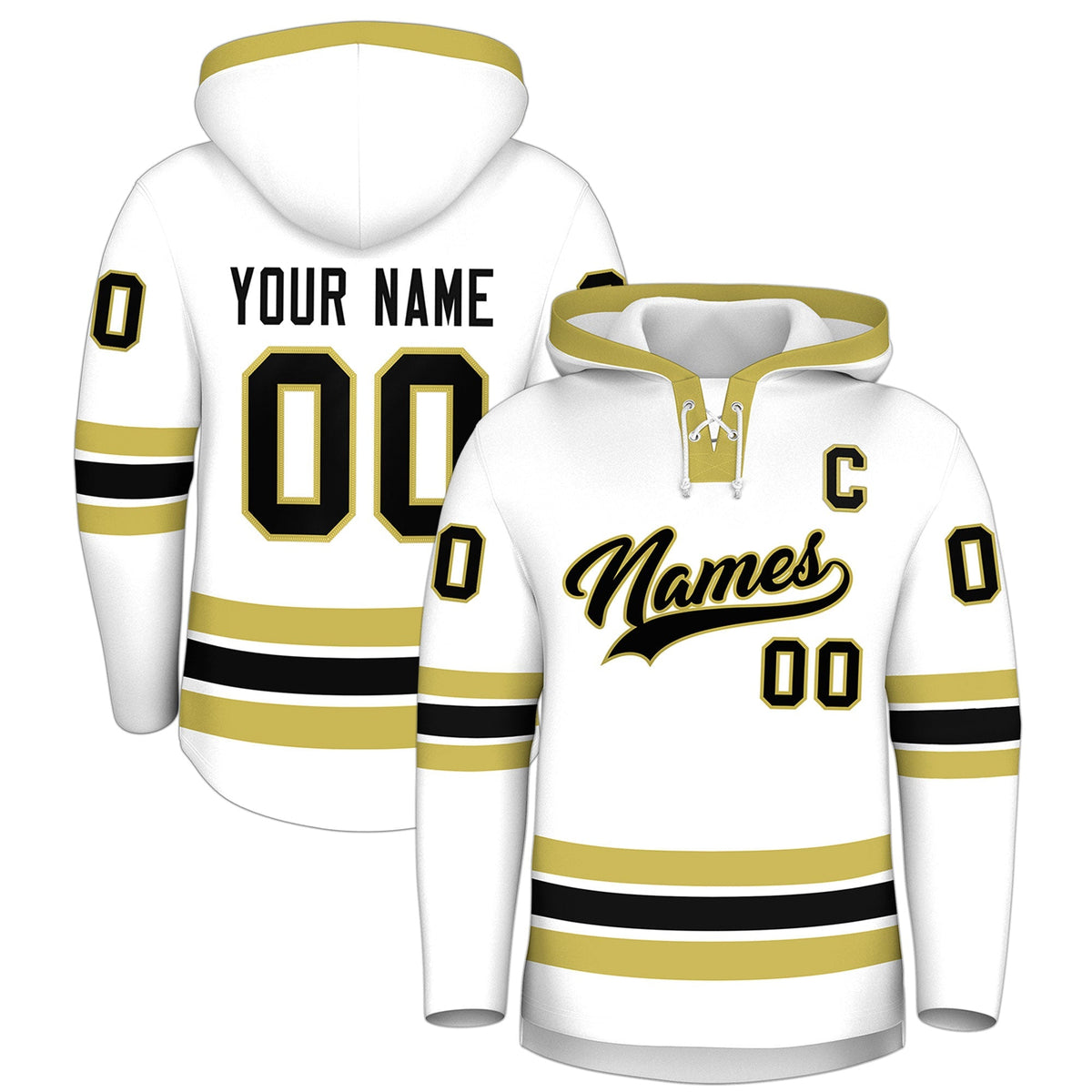 Custom Hockey Hoodie Jersey White Old Gold Classic Style Add Name,Number&amp;Logo