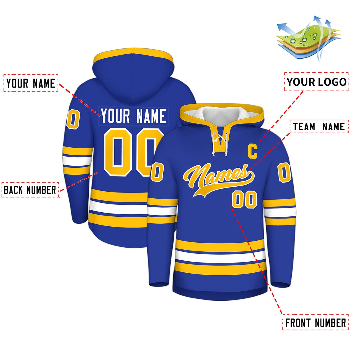 Custom Hockey Hoodie Jersey Royal Blue Gold Classic Style for Men&amp;Youth