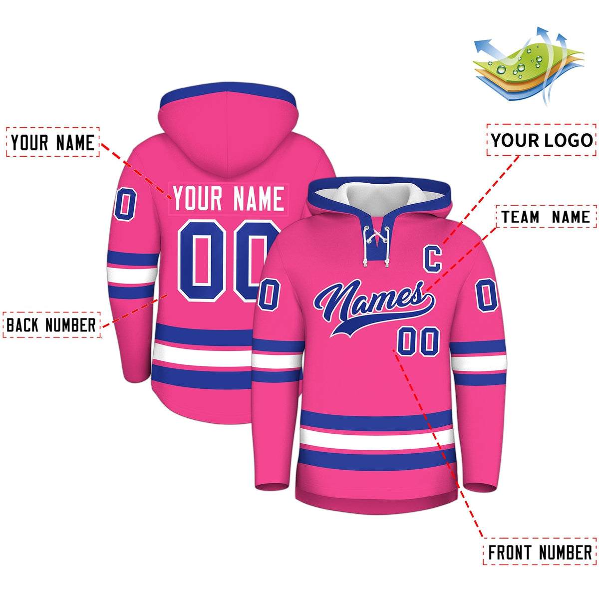Custom Hockey Hoodie Jersey Pink Royal Blue Classic Style for Men&amp;Youth