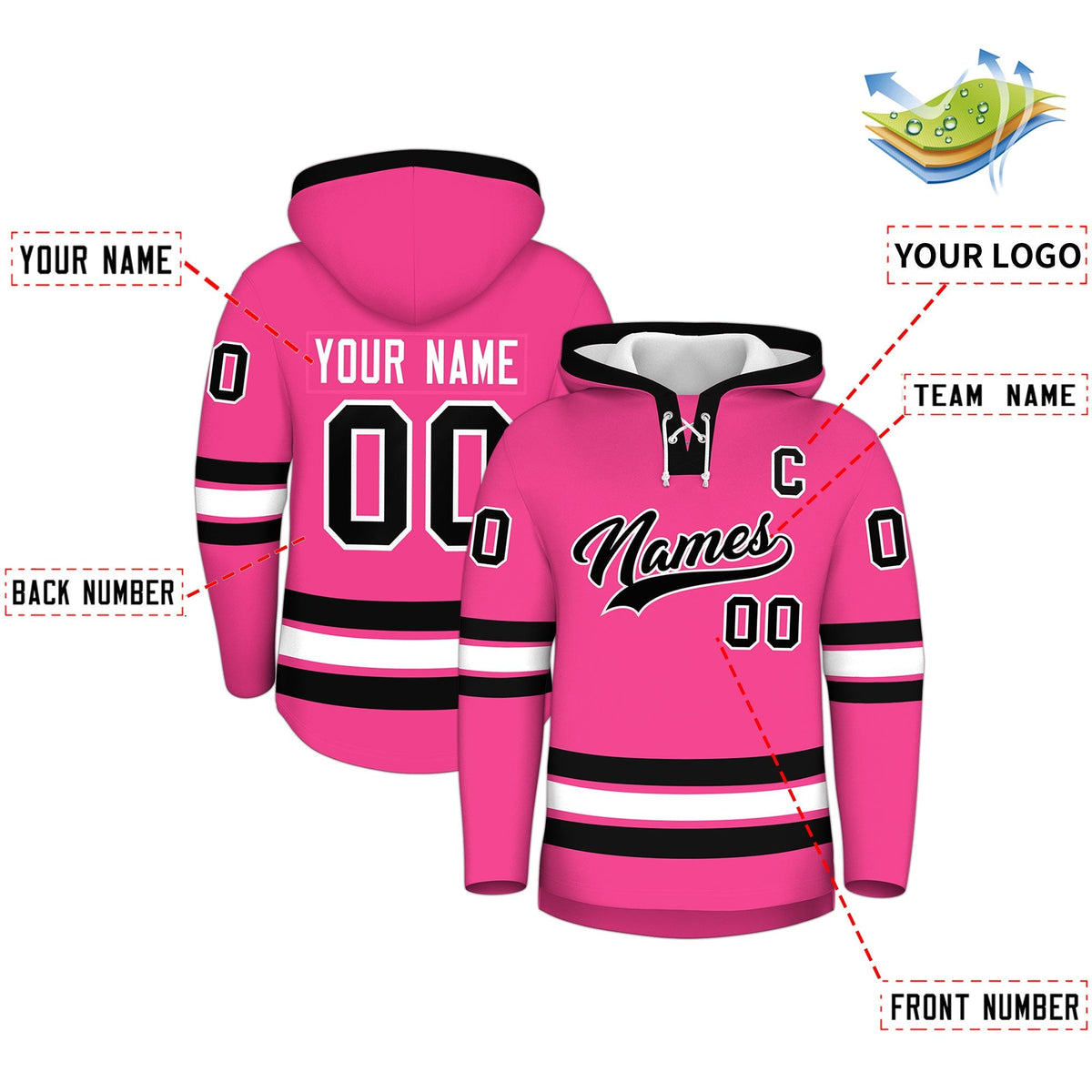 Custom Hockey Hoodie Jersey Pink Black Classic Style Add Name,Number&amp;Logo