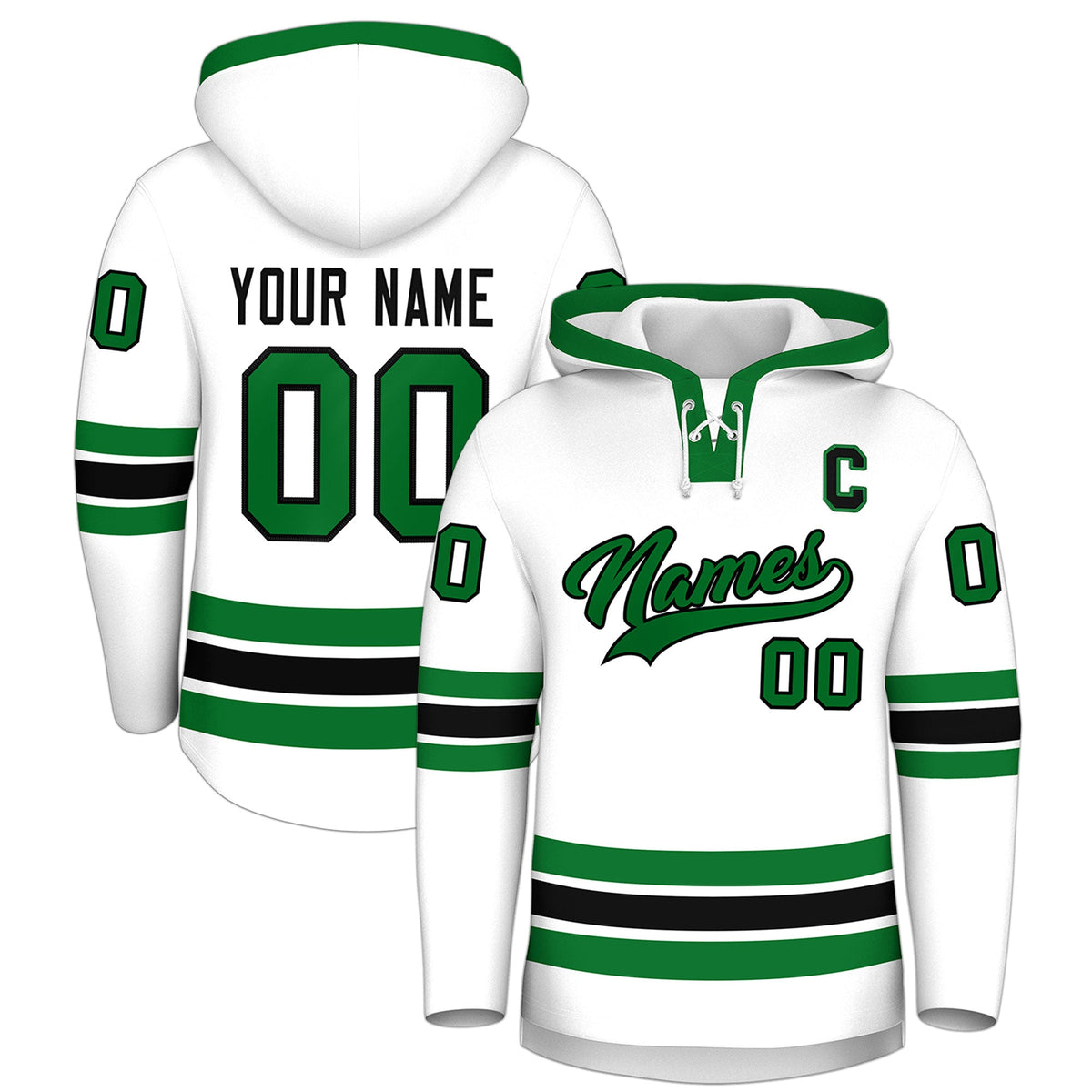 Custom Hockey Hoodie Jersey White Kelly Green Classic Style Add Name,Number&amp;Logo