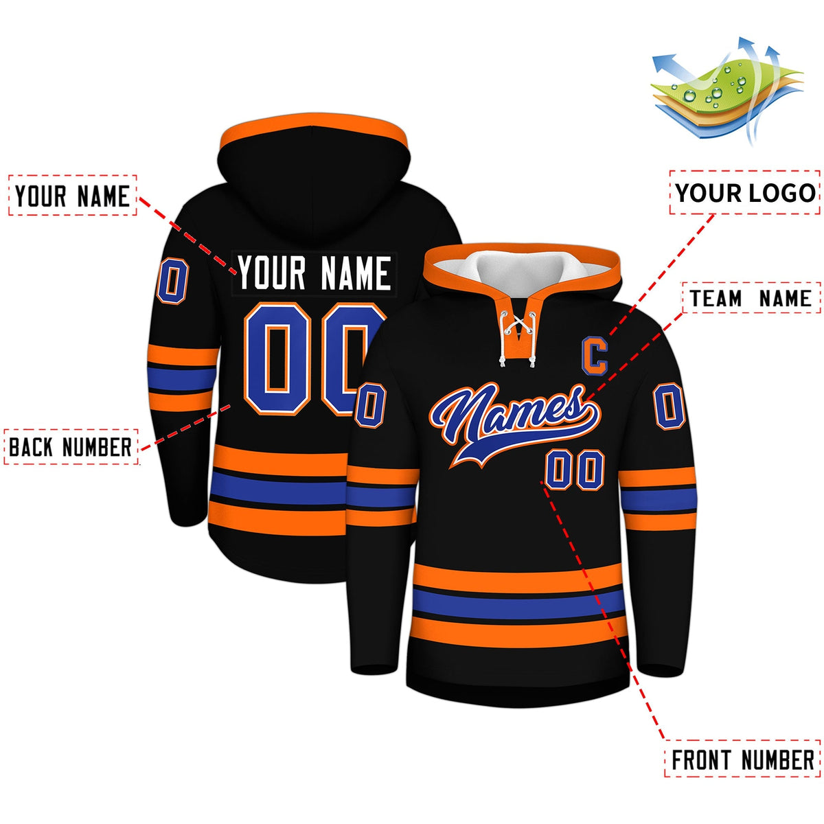 Custom Hockey Hoodie Jersey Black Orange Classic Style for Men&amp;Youth