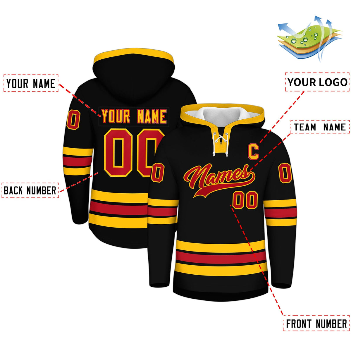 Custom Hockey Hoodie Jersey Black Red Classic Style Add Name,Number&amp;Logo