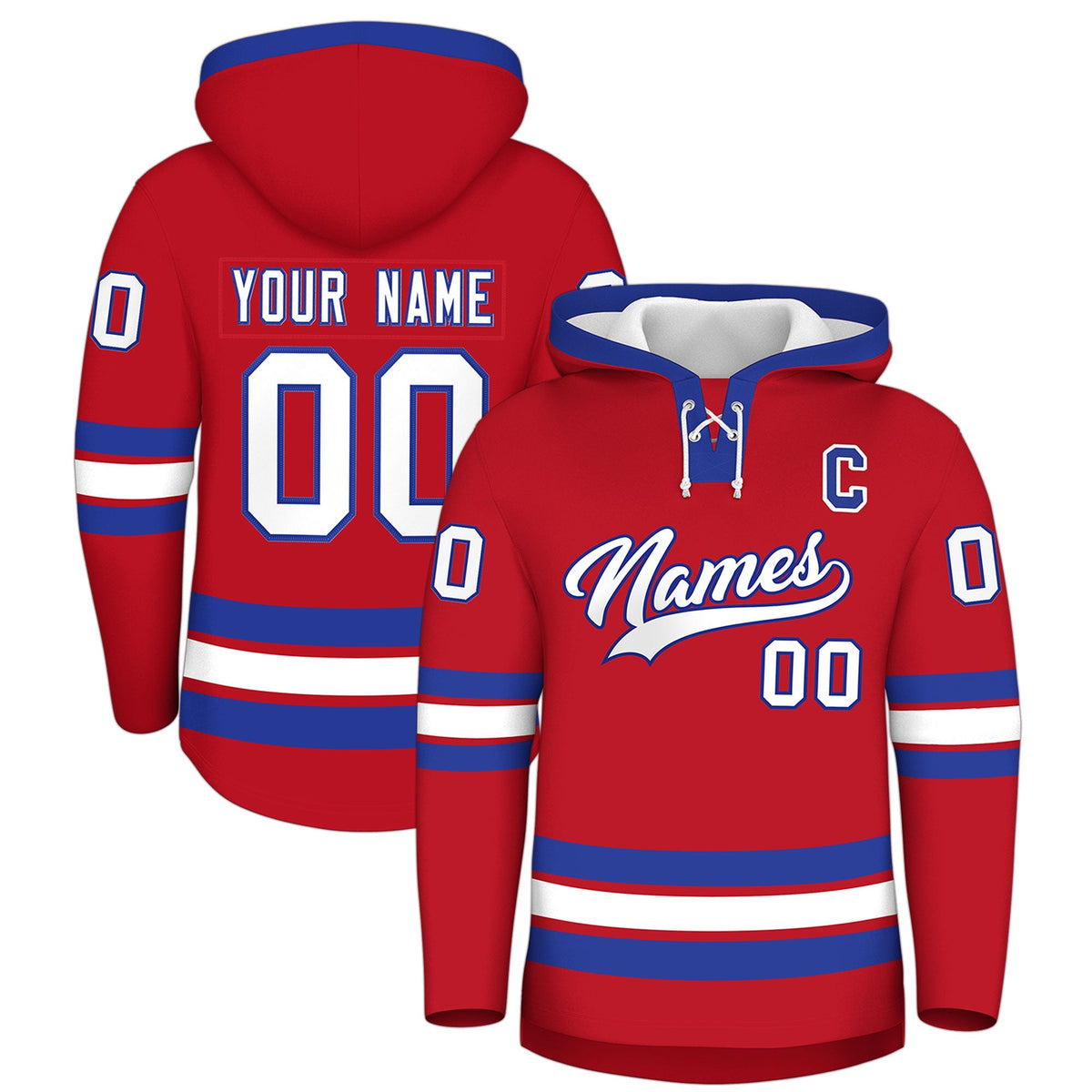 Custom Hockey Hoodie Jersey Red Royal Blue Classic Style Add Name,Number&amp;Logo