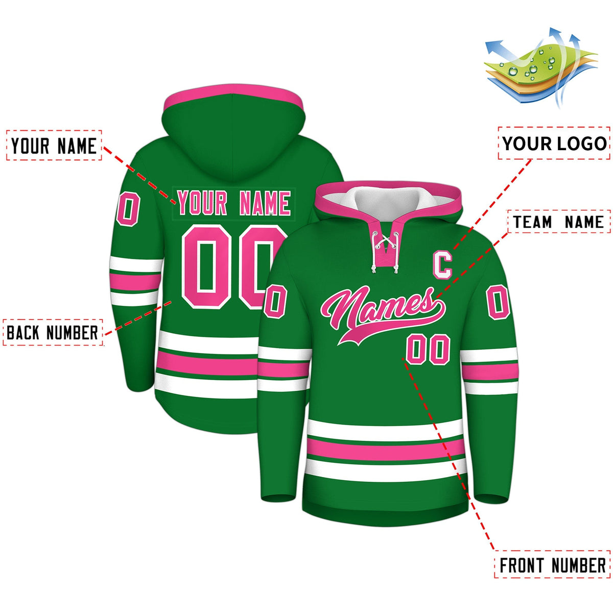 Custom Hockey Hoodie Jersey Kelly Green Pink Classic Style for Men&amp;Youth