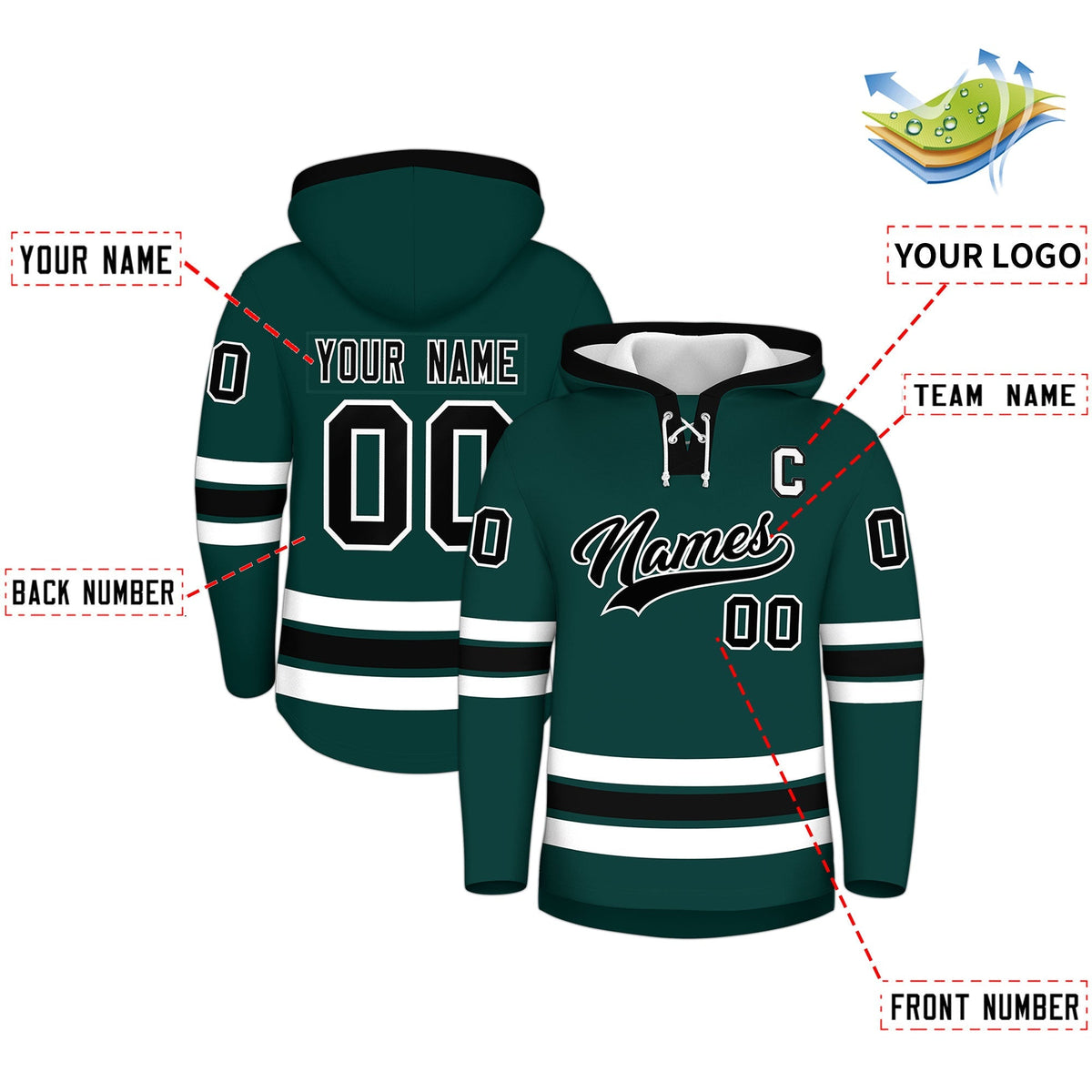 Custom Hockey Hoodie Jersey Midnight Green Black Classic Style Add Name,Number&amp;Logo