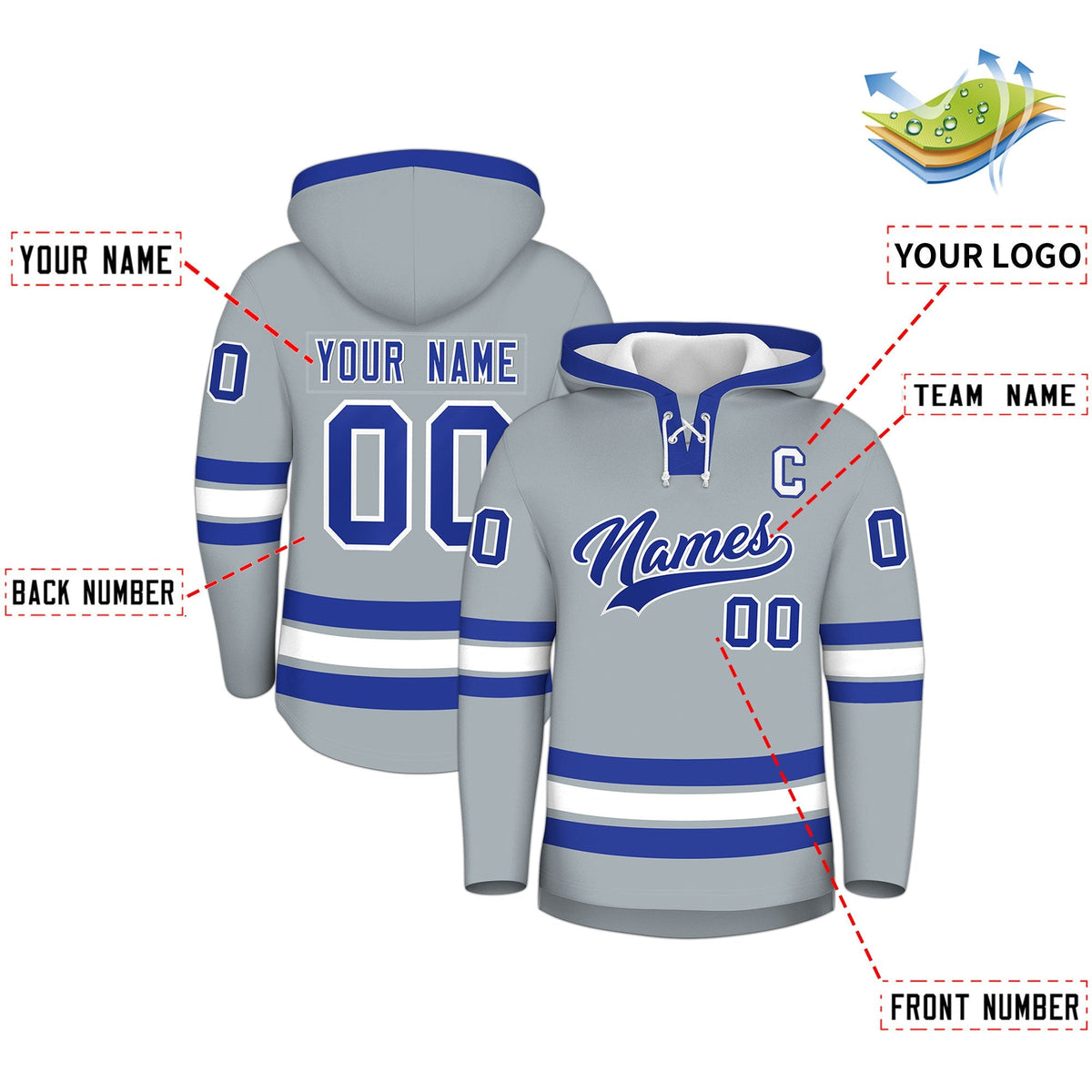 Custom Hockey Hoodie Jersey Silver Royal Blue Classic Style Add Name,Number&amp;Logo