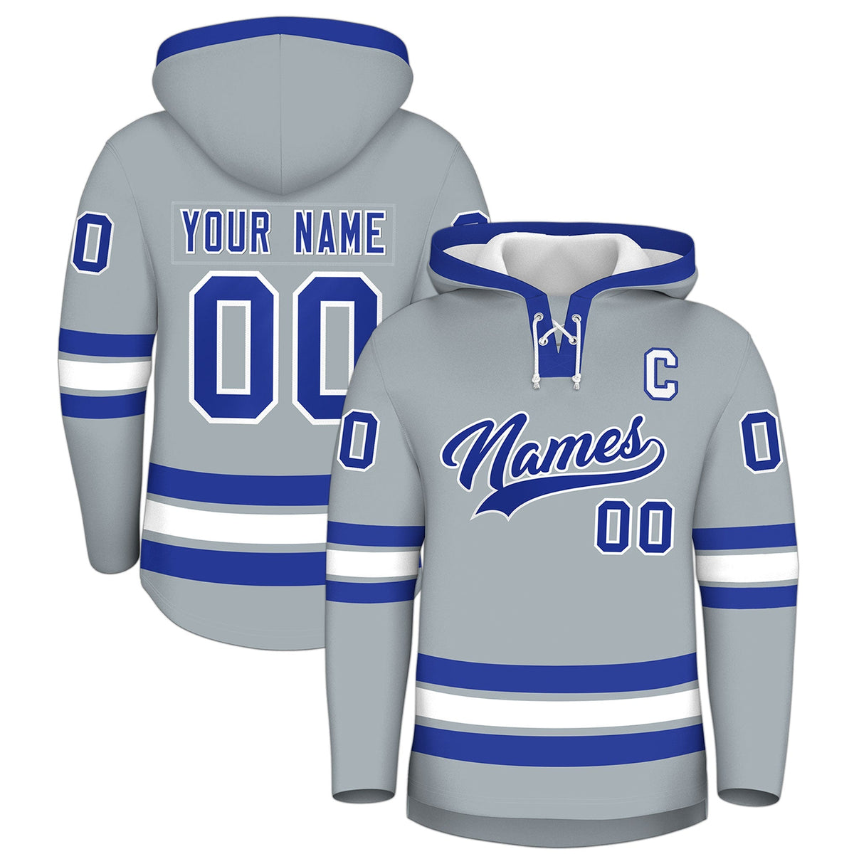 Custom Hockey Hoodie Jersey Silver Royal Blue Classic Style Add Name,Number&amp;Logo