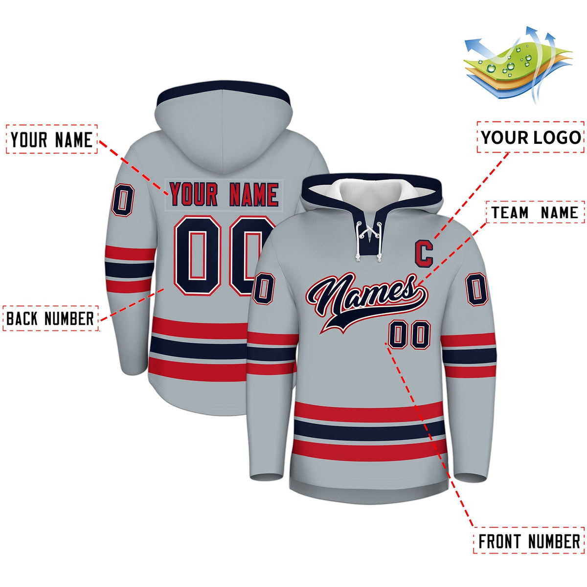 Custom Hockey Hoodie Jersey Silver Navy Classic Style Add Name,Number&amp;Logo