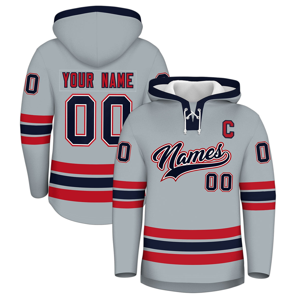 Custom Hockey Hoodie Jersey Silver Navy Classic Style Add Name,Number&amp;Logo
