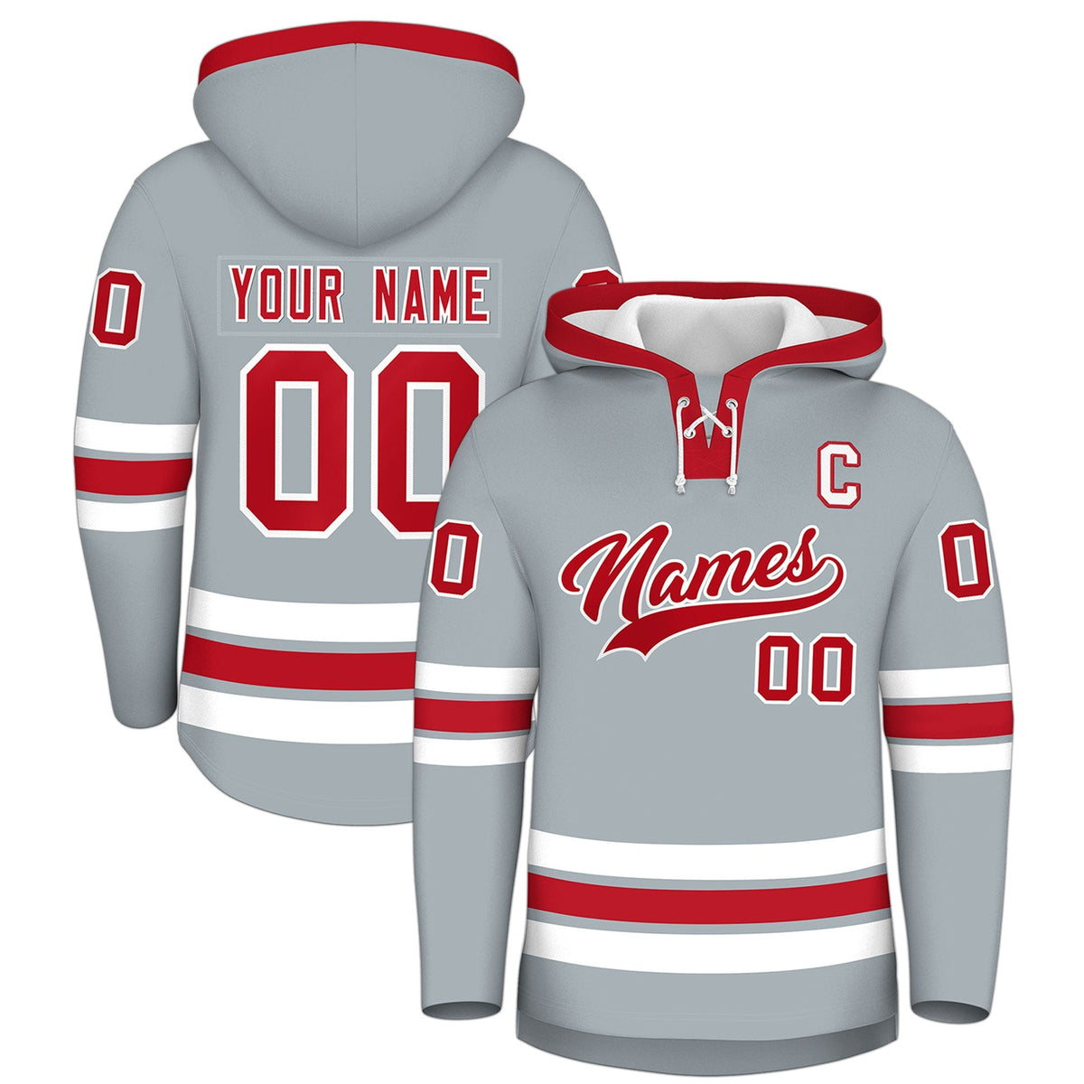 Custom Hockey Hoodie Jersey Silver Red Classic Style for Men&amp;Youth