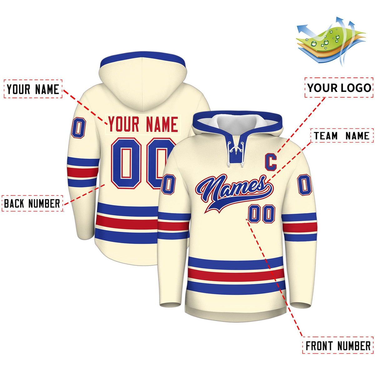 Custom Hockey Hoodie Jersey Cream Royal Blue Classic Style Add Name,Number&amp;Logo