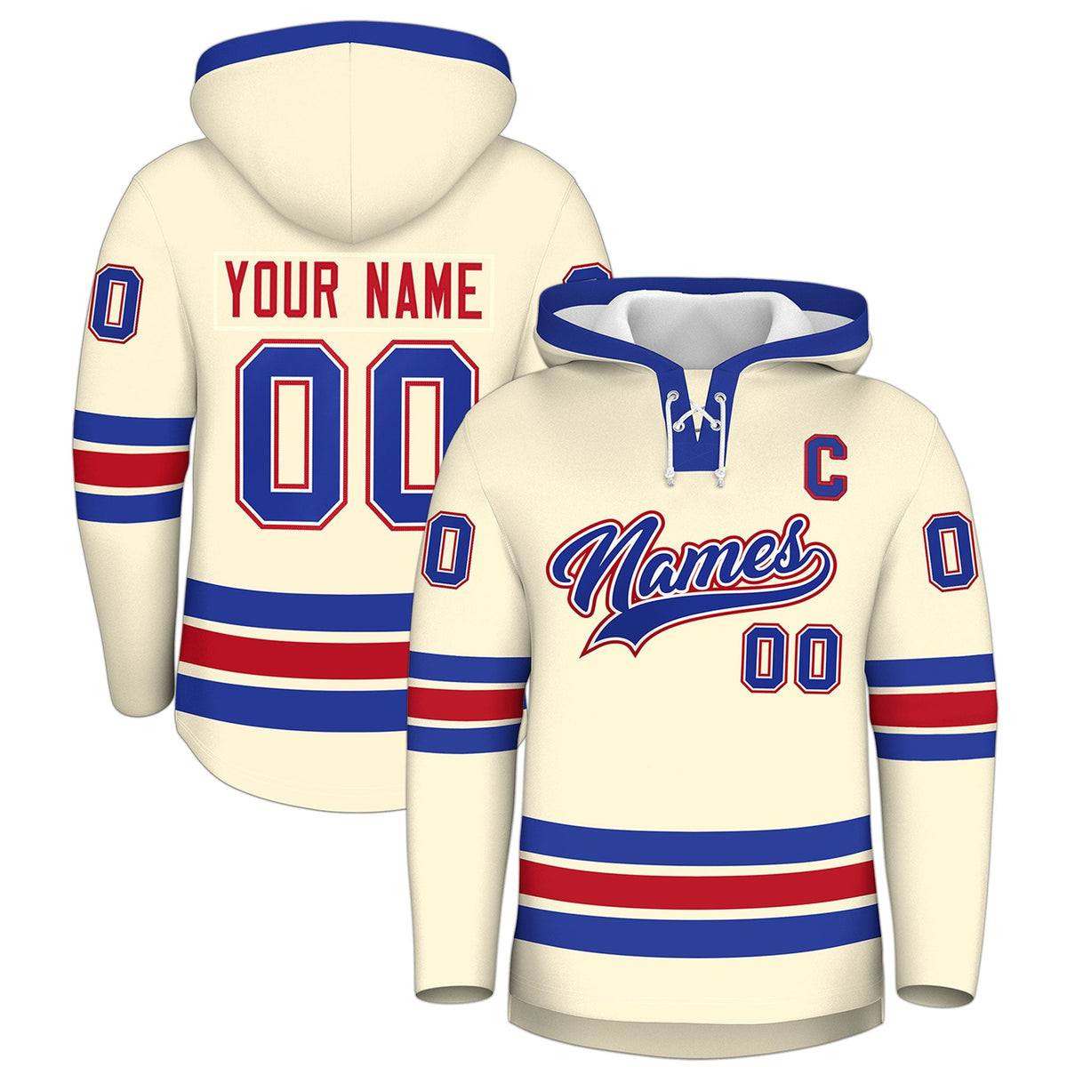 Custom Hockey Hoodie Jersey Cream Royal Blue Classic Style Add Name,Number&amp;Logo