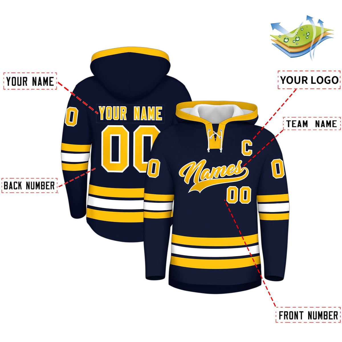 Custom Hockey Hoodie Jersey Navy White Classic Style Add Name,Number&amp;Logo