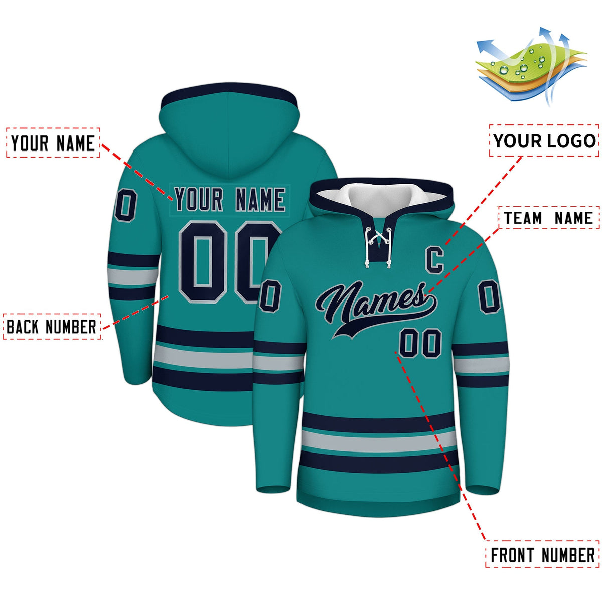 Custom Hockey Hoodie Jersey Teal Navy Classic Style Add Name,Number&amp;Logo