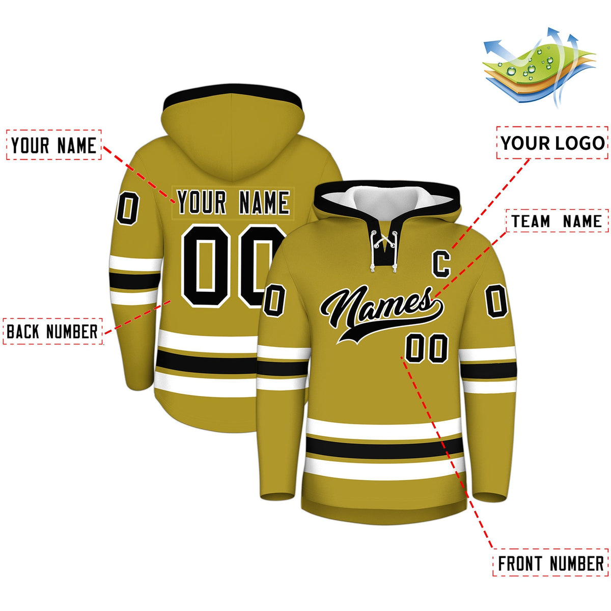 Custom Hockey Hoodie Jersey Old Gold Black Classic Style for Men&amp;Youth