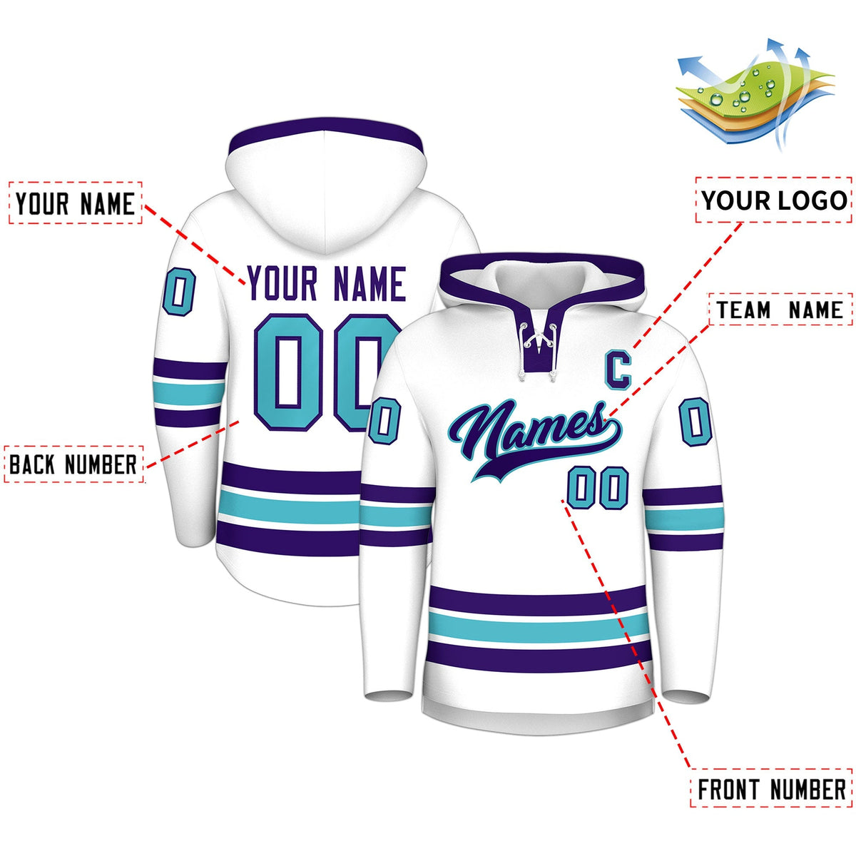 Custom Hockey Hoodie Jersey White Purple Classic Style for Men&amp;Youth